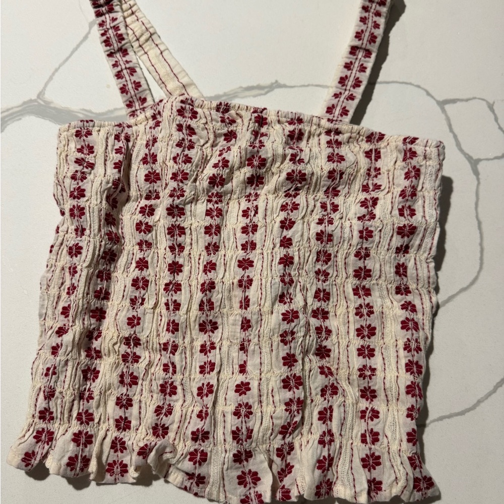 American Eagle Outfitters Cream Tank with Red Floral Embroidery